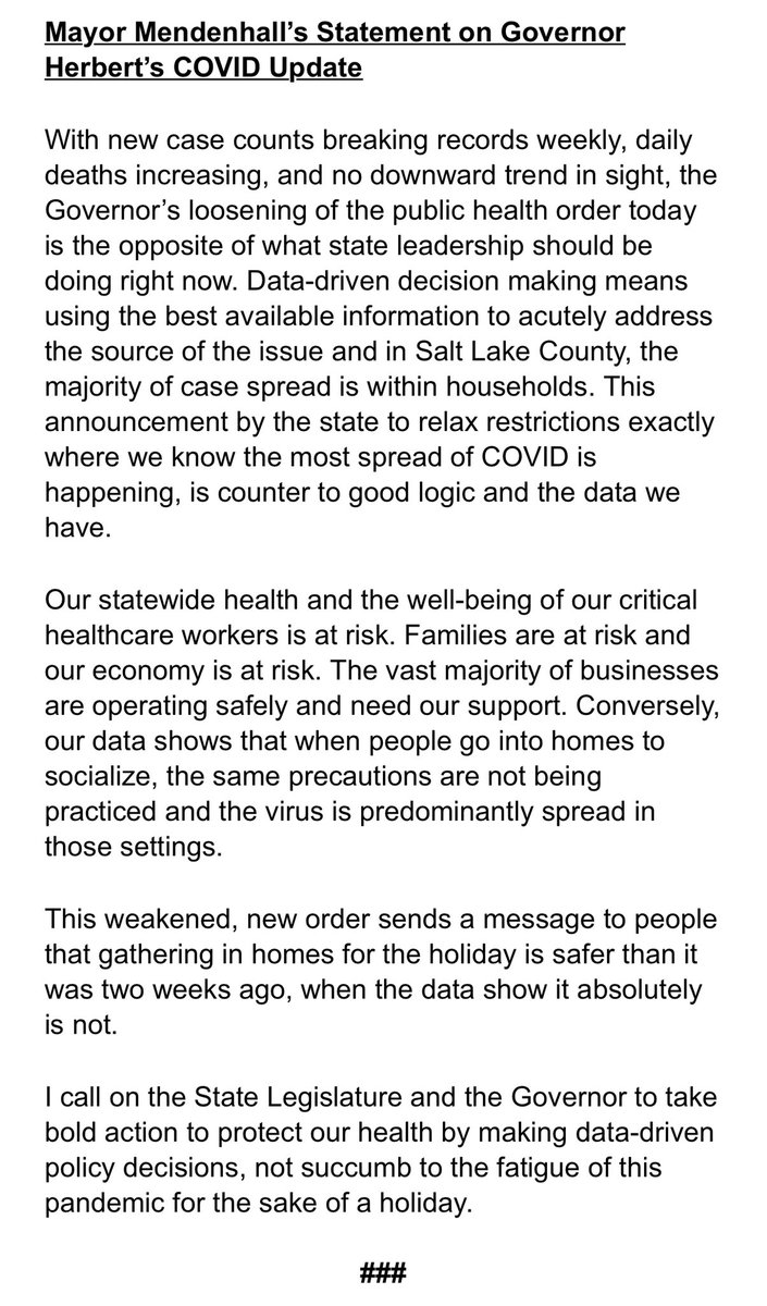 My statement on Governor Herbert’s COVID Update. #utpol #slc