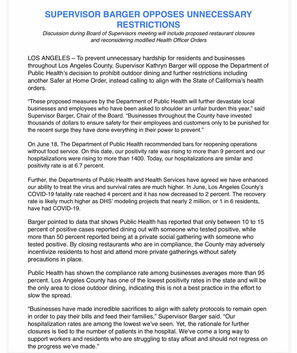 NEW: L.A. County Supervisor Board Chair  @kathrynbarger has released a statement saying she OPPOSES the  @lapublichealth decision to restrict outdoor dining. She says the decision will devastate local businesses and will cause more people to go indoors where true spread is.  @FOXLA