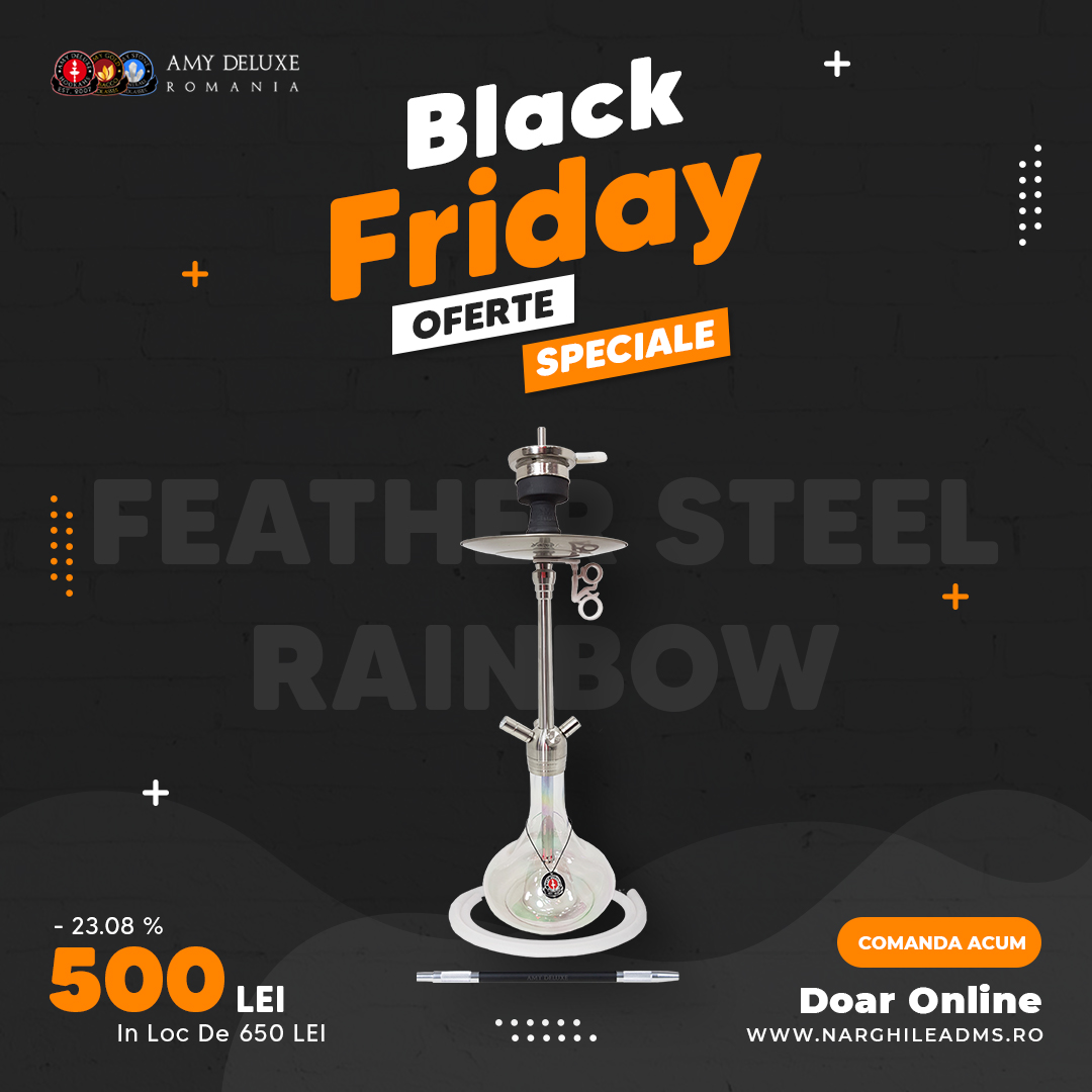 AmyDeluxeRO's tweet photo. 📢 Ofertele și reducerile noastre sunt încă în desfășurare ⬆️ pentru 🔥🔥 Black Friday 🔥🔥 :

📣 Narghilea AMY FEATHER STEEL RAINBOW 100% Inox doar la 500 LEI in loc de 650 LEI

Cumparati acum pe 👉👉 https://t.co/4jsfUVOIY1 https://t.co/dPN8VFAlWr
