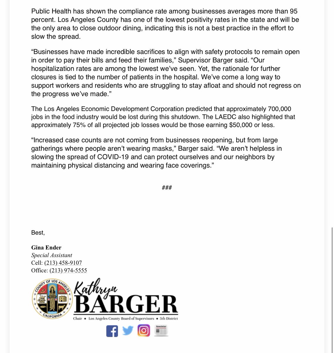 NEW: L.A. County Supervisor Board Chair  @kathrynbarger has released a statement saying she OPPOSES the  @lapublichealth decision to restrict outdoor dining. She says the decision will devastate local businesses and will cause more people to go indoors where true spread is.  @FOXLA
