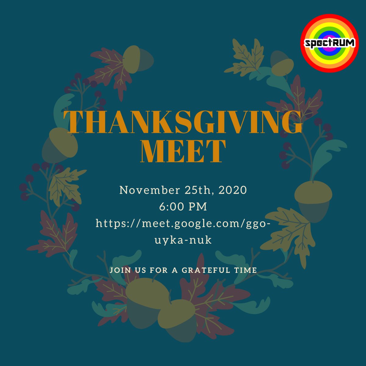 Finals are approaching, but first  Thanksgiving!. 🦃If you celebrate the holiday or not, we at SpectRUM would like to borrow a bit of your time✨ Join us on Wednesday 25th at 6pm for a cheesy Queer Club where we'll encourage and admire each other's hard work this semester. 🏳️‍🌈💖✨