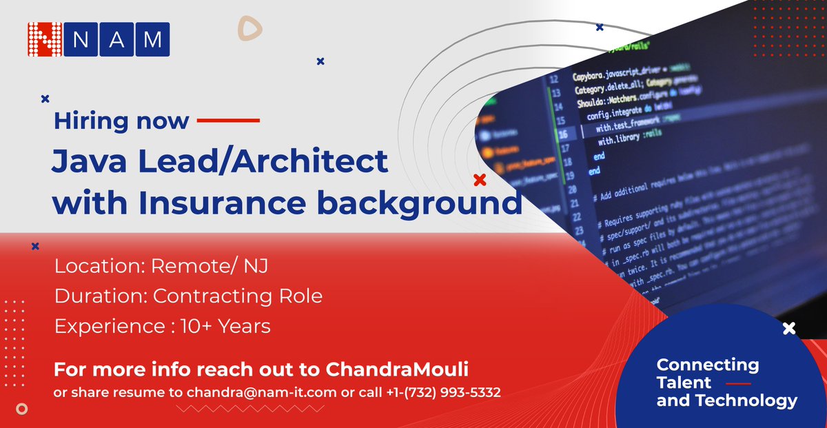 NAMINFO's tweet image. hiring now : #JAVALEAD / ARCHITECT with INSURANCE bg
Location: Remote/ NJ
Duration: Contracting Role
Exp: 10 + yrs.
Must have Java Tech lead/Architect with insurance (P & C Insurance) exp
For more details reach out to Chandra.
Email - chandra@nam-it.com
call 732 993-5332