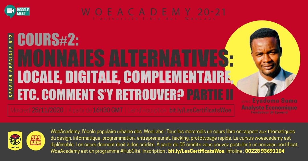 Qu'est ce qu'un Système d'Echange Local ? Quelle sont ses caractéristiques et ses enjeux ?

Rejoignez nous ce mercredi à partir de 16h30, lors de la 2ème session spéciale de la #WoeAcademy  pour une conférence sur les Monnaies Alternatives.

Inscription : bit.ly/LesCertificats…