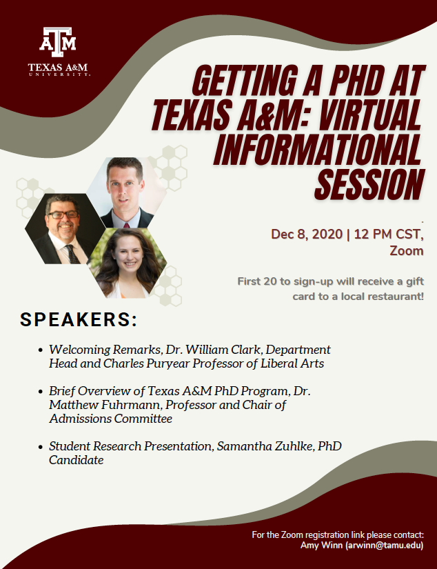 mcfuhrmann's tweet photo. Thinking about a PhD in political science? Join us on December 8 for a virtual session to learn more about the program at @tamupols. Pass along to your students who might be interested. I'm happy to answer any questions: mfuhrmann at tamu dot edu. https://t.co/J7tLXjJBco