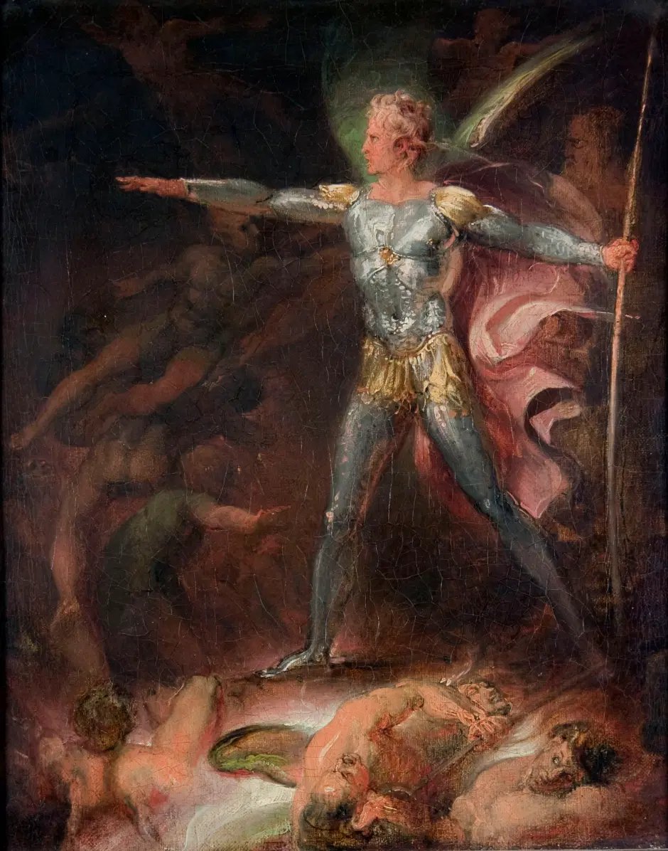 This Satan has clearly been moulded into those clothes. A sort of 'Super-Satan', if you will. Satan, the spandex armour version. Thomas Stothard 'Satan Summoning His Legions' from about 1790