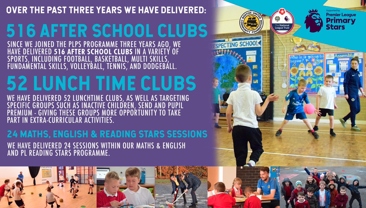 bostonunitedCF's tweet photo. We delivered 516 after school clubs in a variety of sports, 24 Maths, English &amp; #PLReadingStars sessions, and 52 lunchtime clubs. We also targeted specific groups such as inactive children, SEND and pupil premium - giving more opportunities to take part! 
#PLPSDay #PLPrimaryStars https://t.co/s8BFC74Mwy