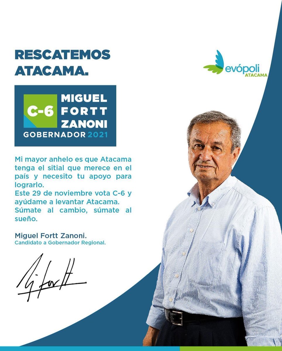 MIGUELFORTTZ's tweet photo. Mi mayor anhelo es que Atacama tenga el sitial que merece en el país y necesito tu apoyo para lograrlo.
Este 29 de noviembre vota C-6 y ayúdame a levantar Atacama.
Súmate al cambio, súmate al sueño.
#atacama #copiapo #caldera #vallenar #chañaral #tierraamarilla  #altodelcarmen https://t.co/Hq9BE0Icei
