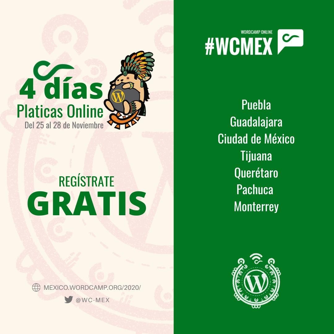 wpguadalajara's tweet photo. ¡WordPresseros!

Les recordamos que esta semana es la WordCamp México Online 2020.

Los invitamos a que se registren. Es del miércoles 25 al sábado 28 de noviembre.

¡Los esperamos!

#WCMEX #WCMEX2020 https://t.co/U01d6Rqc43