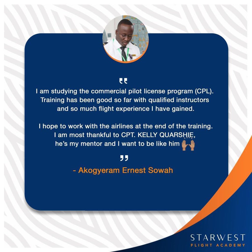 StarWestAcademy's tweet photo. We are proud to have Ernest Akogyeram Sowah as upcoming leader in aviation. Here’s his story!
#StarwestAcademy #FlyWithStarwest #InspiringGeneratiosnToFly https://t.co/JjSF8NsrL2