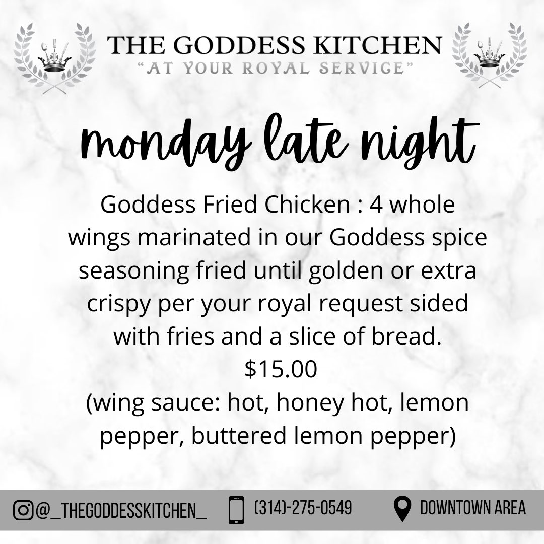 GoddessKitchen_'s tweet photo. Monday Late Night 😋😋 Place your orders today! Pickup will begin at 6pm. We will be accepting orders until 4pm today! Please text (314)-275-0549 to order and please greet with your name. Our preferred payment methods are $CashApp &amp; ApplePay. 🍽 https://t.co/SFohZMW8qh
