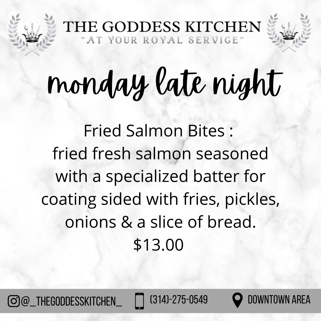 GoddessKitchen_'s tweet photo. Monday Late Night 😋😋 Place your orders today! Pickup will begin at 6pm. We will be accepting orders until 4pm today! Please text (314)-275-0549 to order and please greet with your name. Our preferred payment methods are $CashApp &amp; ApplePay. 🍽 https://t.co/SFohZMW8qh