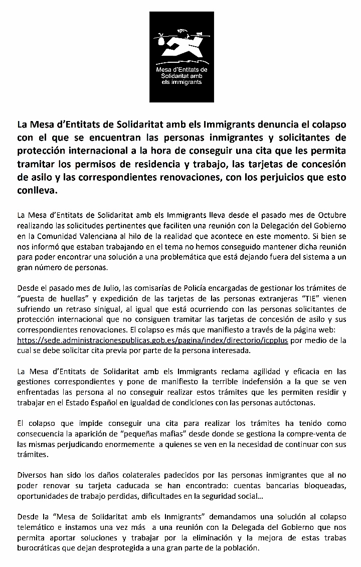 valenciaacoge1's tweet photo. Desde la @MesaMigrants reclamamos #CitasYA. El colapso del sistema de #citas, provoca que las personas migradas vean sus cuentas bancarias bloqueadas, oportunidades de trabajo perdidas, dificultades en la seguridad social… al no poder renovar sus tarjetas caducadas @DGobiernoCV https://t.co/OB2UZNhgQa