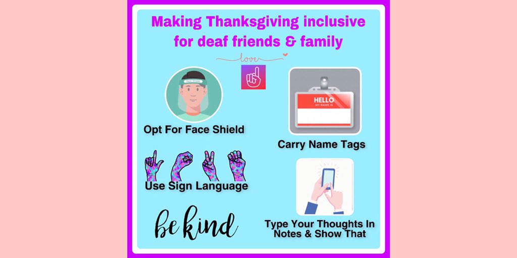 ASL_APP's tweet photo. Just a few ways we can make our upcoming events more inclusive. Share with your loved ones. #DeafLove
.
.
.
#asl #deaf #deafcommunity #deafawareness #deaftalent #deafpeople #deafeducation #learnasl #thanksgiving #thanksgivingdinner #thanksgiving2020 #aslclub #aslfamily #aslschool https://t.co/PRdiGkfTcX