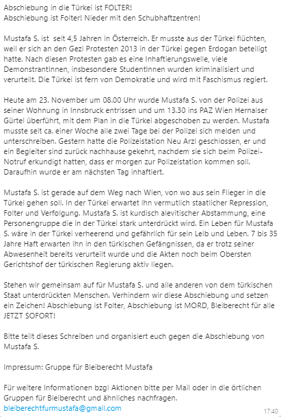 MichaelBonvalot's tweet photo. Der politische Flüchtling Mustafa S. soll aus Wien in die Türkei abgeschoben werden, berichten AktivistInnen. Dem Kurden sollen bis zu 35 Jahre Haft drohen, in der Türkei werden politische Gefangene gefoltert. S. soll im PAZ festgehalten werden, offenbar ist nur noch wenig Zeit. https://t.co/oBM2c7u89H