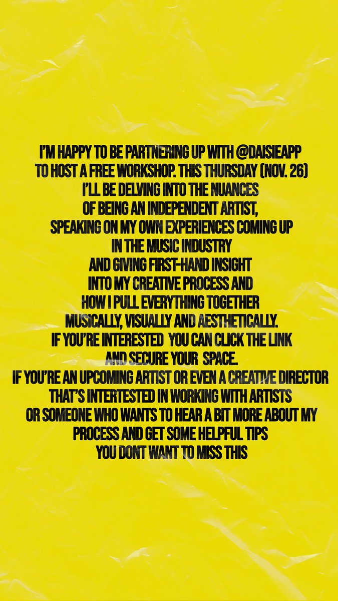 jimmyoctober's tweet photo. THIS THURSDAY I’LL BE HOSTING A FREE WORKSHOP WITH @DAISIE 
IF YOU’RE AN UPCOMING ARTIST OR EVEN A CREATIVE DIRECTOR WORKING WITH MUSICIANS. THIS IS YOUR CHANCE TO HEAR A BIT MORE ABOUT HOW I PULL EVERYTHING TOGETHER MUSICALLY, VISUALLY &amp; AESTHETICALLY 💛 https://t.co/2Bbqyeqf0p https://t.co/IEnhag5t9j