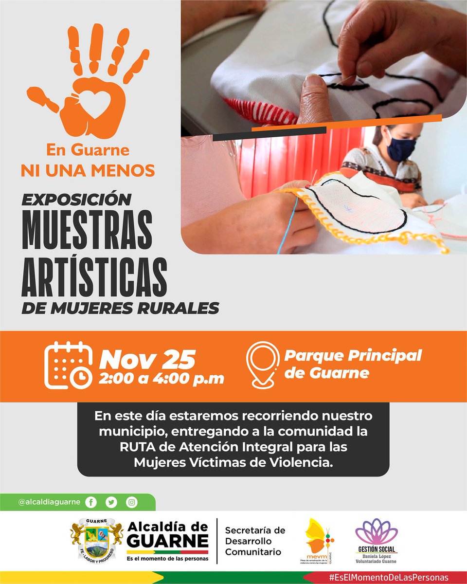 AlcaldiaGuarne's tweet photo. #ModoNaranja 🧡| Los sentires y pensares de las Mujeres Guarneñas 👩🏽‍🦱👱🏻‍♀️👩🏻‍🦰, serán los protagonistas este 25 de noviembre en la exposición "𝗠𝘂𝗲𝘀𝘁𝗿𝗮𝘀 𝗮𝗿𝘁í𝘀𝘁𝗶𝗰𝗮𝘀 𝗱𝗲 𝗺𝘂𝗷𝗲𝗿𝗲𝘀 𝗿𝘂𝗿𝗮𝗹𝗲𝘀".
@MujeresAnt 
#EsElMomentoDeLasPersonas
#Guarne https://t.co/A6gMV7TvcN