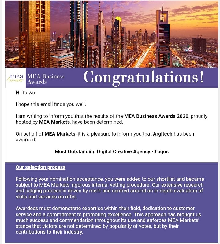 argitechlimited's tweet photo. See what we got today, Argitech Limited @argitechlimited awarded as "Most Outstanding Digital Creative Agency - Lagos" for MEA Business Awards 2020 hosted by MEA Markets. We are ever representing Lagos - Nigeria and Africa!
.
.
.
#meaawards #meaawards2020 #argitech #taiwoafolayan https://t.co/I2ywQVOsAQ