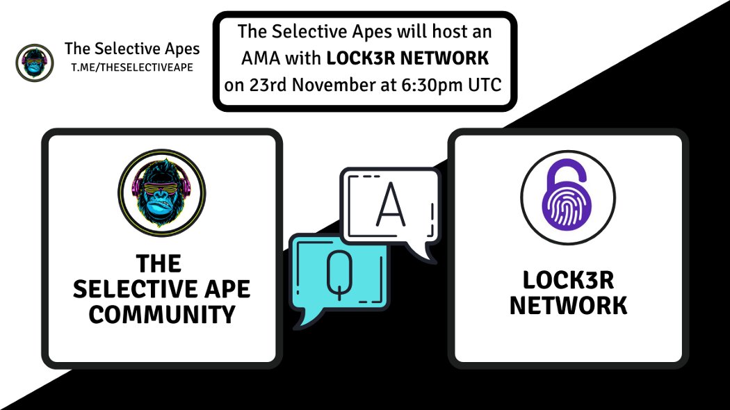 ApeSelective's tweet photo. 𝗧𝗵𝗲 𝗦𝗲𝗹𝗲𝗰𝘁𝗶𝘃𝗲 𝗔𝗽𝗲 𝗖𝗼𝗺𝗺𝘂𝗻𝗶𝘁𝘆 is proud to announce &amp; host an AMA with the Founder and Dev from @Lock3rNetwork  / $LK3R on tonight at 18:30PM UTC.

𝐉𝐨𝐢𝐧 𝐮𝐬🦍: https://t.co/F2GGjB5R9Y

https://t.co/SBW15SmiaB https://t.co/BbcfekrEnt