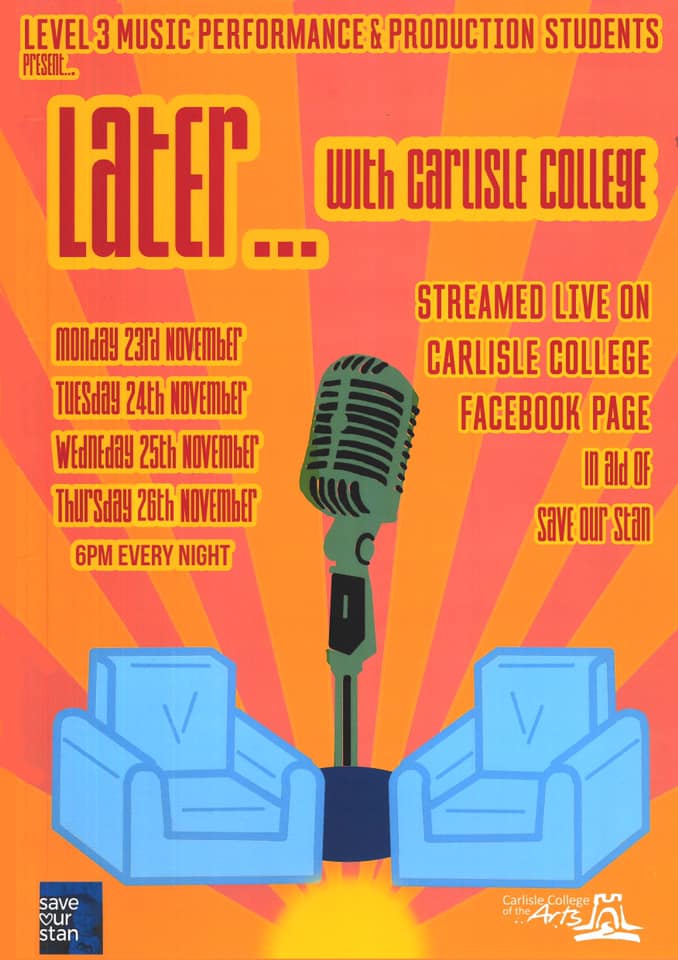 CarlisleCollege's tweet photo. Tune in @latercarlisle! The L3 Music Performance and Production students are performing live on Facebook at 6pm from Monday 23rd – Thursday 26th November.  Featuring live performances of original and cover material and in support of the local Save our Stan fundraiser. 👏 https://t.co/TL61h5q08X