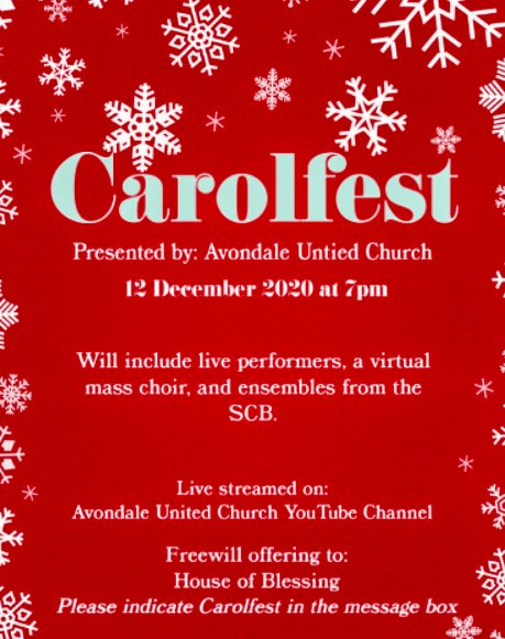 StratfordCB's tweet photo. Due to COVID-19 Carolfest is a virtual concert this year! It will be on 12 December @ 7pm. We all know it is not Christmas in Stratford without Carolfest. Because it is virtual we are asking people to donate to @StratfordHOB directly on their website, link will be provided, https://t.co/U88QoAoUt0