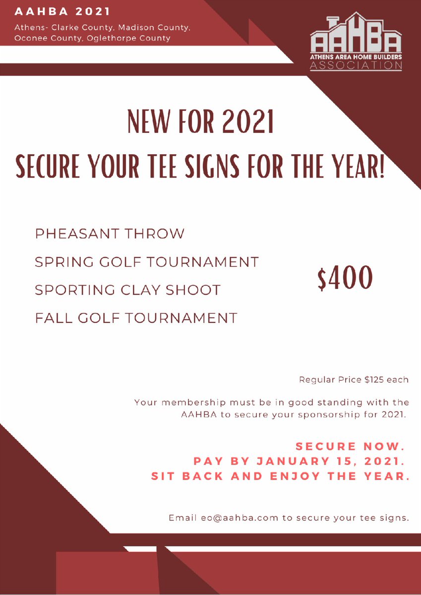 AthensAreaHBA's tweet photo. Secure your Tee Sign Sponsorships for 2021! 

Pheasant Throw- February
Spring Golf Tournament- April
Sporting Clay Shoot- May
Fall Golf Tournament- October

All 4 events- $400

Email eo@aahba.com to secure today! https://t.co/WxbFy0Jn1J