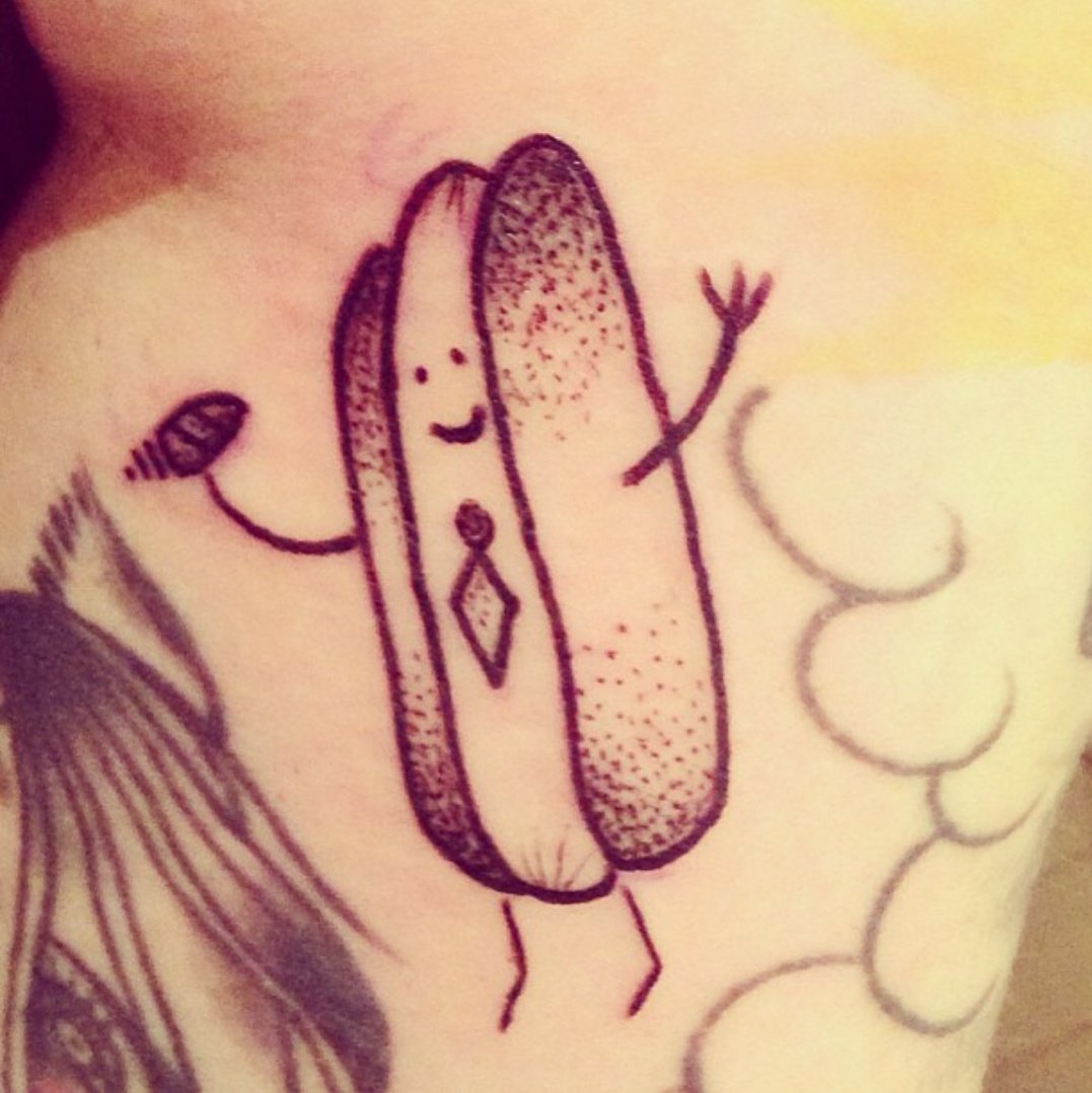 This is Dr Hotdog PHD. I got him because I saw a man on 'America's Worst  Tattoos' had him but then he got him covered up and it made me sad., image size:1077x1078