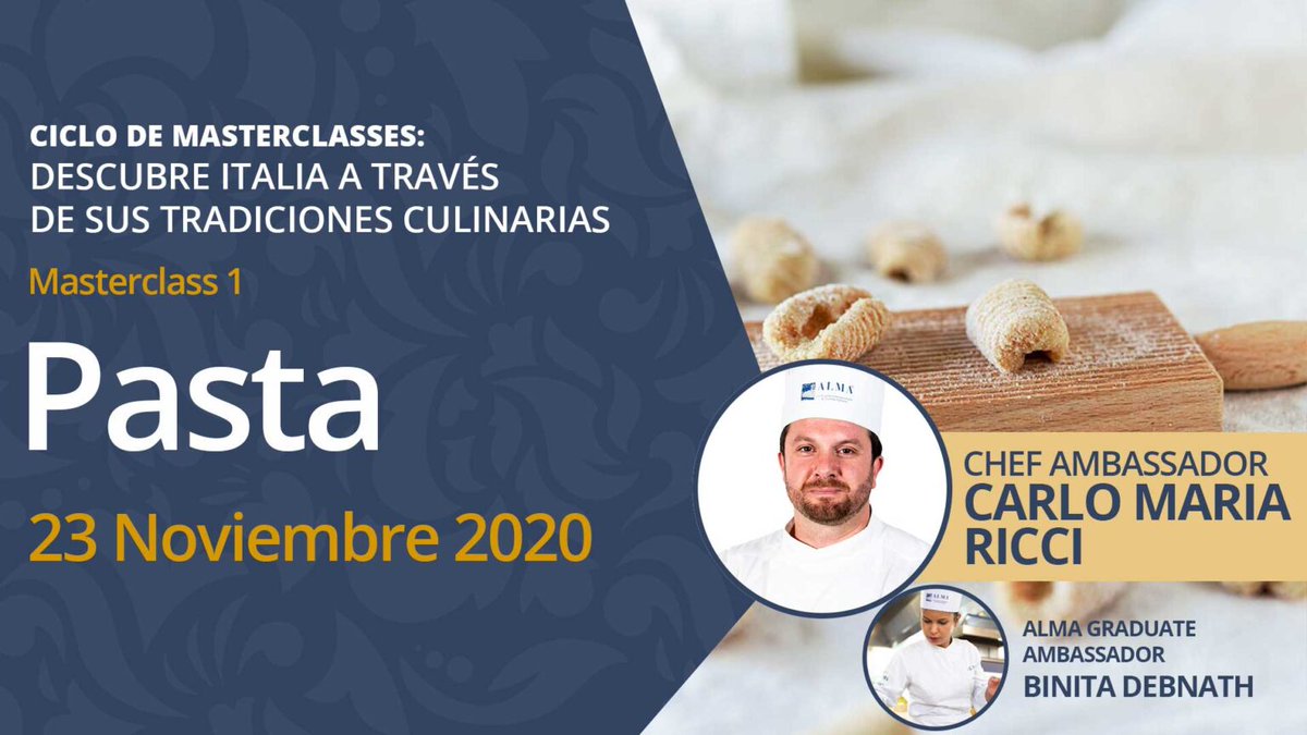 #23Nov Directo desde Italia disfrute hoy a la 1:50 pm de un MasterClass de la pasta con el famoso chef Carlo Maria Ricci <a href="/CMORicci/">Carlo-Maria Ricci</a> #SemanaDeLaCocinaItaliana 
Registro gratuito: register.gotowebinar.com/rt/87911933094…
#settimanadellacucinaitaliana2020 
<a href="/ItalyinVEN/">Italy in Venezuela</a> <a href="/ItalyMFA/">Farnesina 🇮🇹</a> @_MiBACT