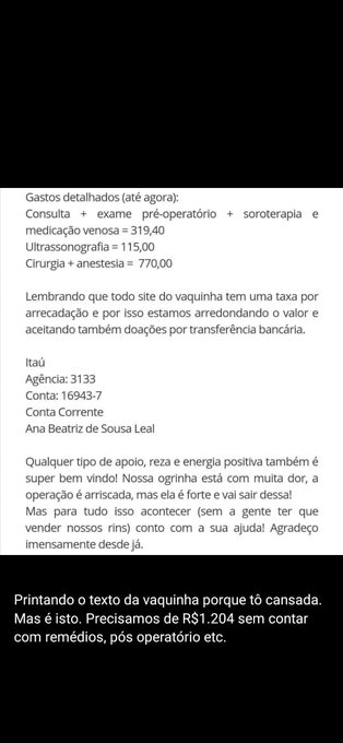 Nen&ecirc;s, quem puder ajudar minha amiga pfv ajude, um pouquinho de cada um ajuda MUITO <33 link da vakinha: