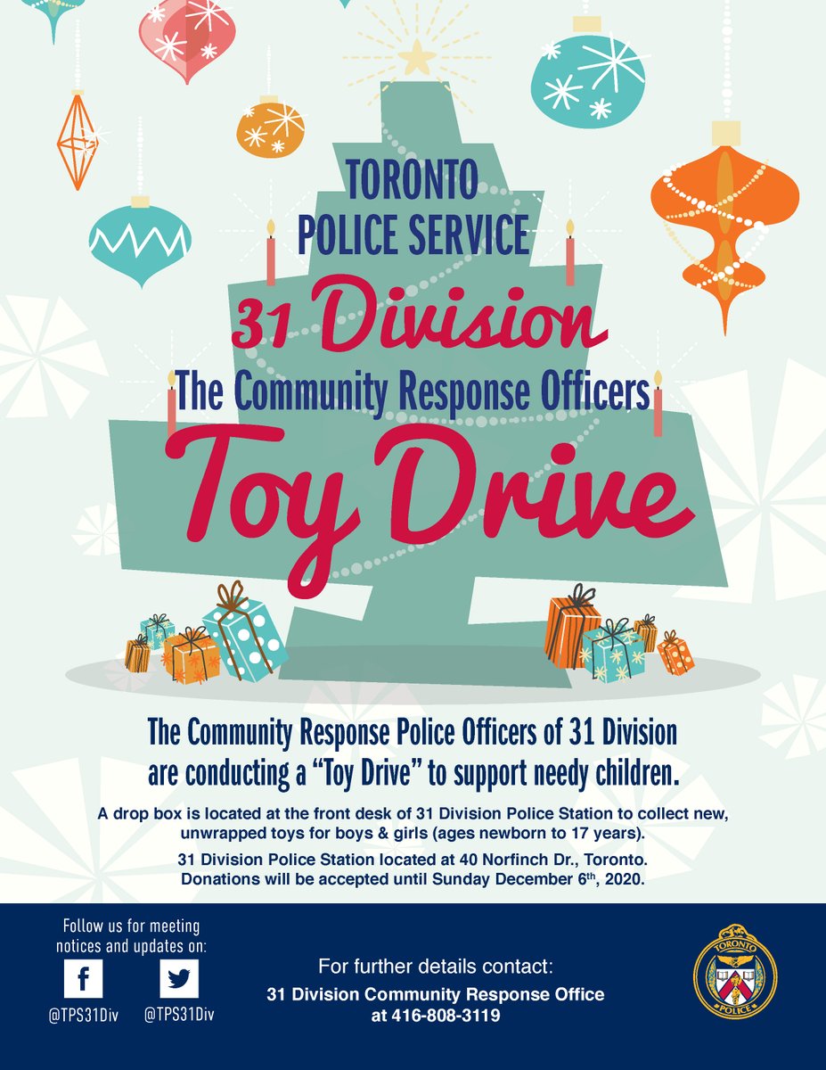 TPS31Div's tweet photo. Please support 31 Division as we again run our Annual Toy Drive. All donations will be given to needy children in the Jane/Finch community. See flyer below for details #31annualtoydrive #toydrive #tps31div #31division #tps #torontopolice #torontopoliceservice https://t.co/bjs3d6R6Mp