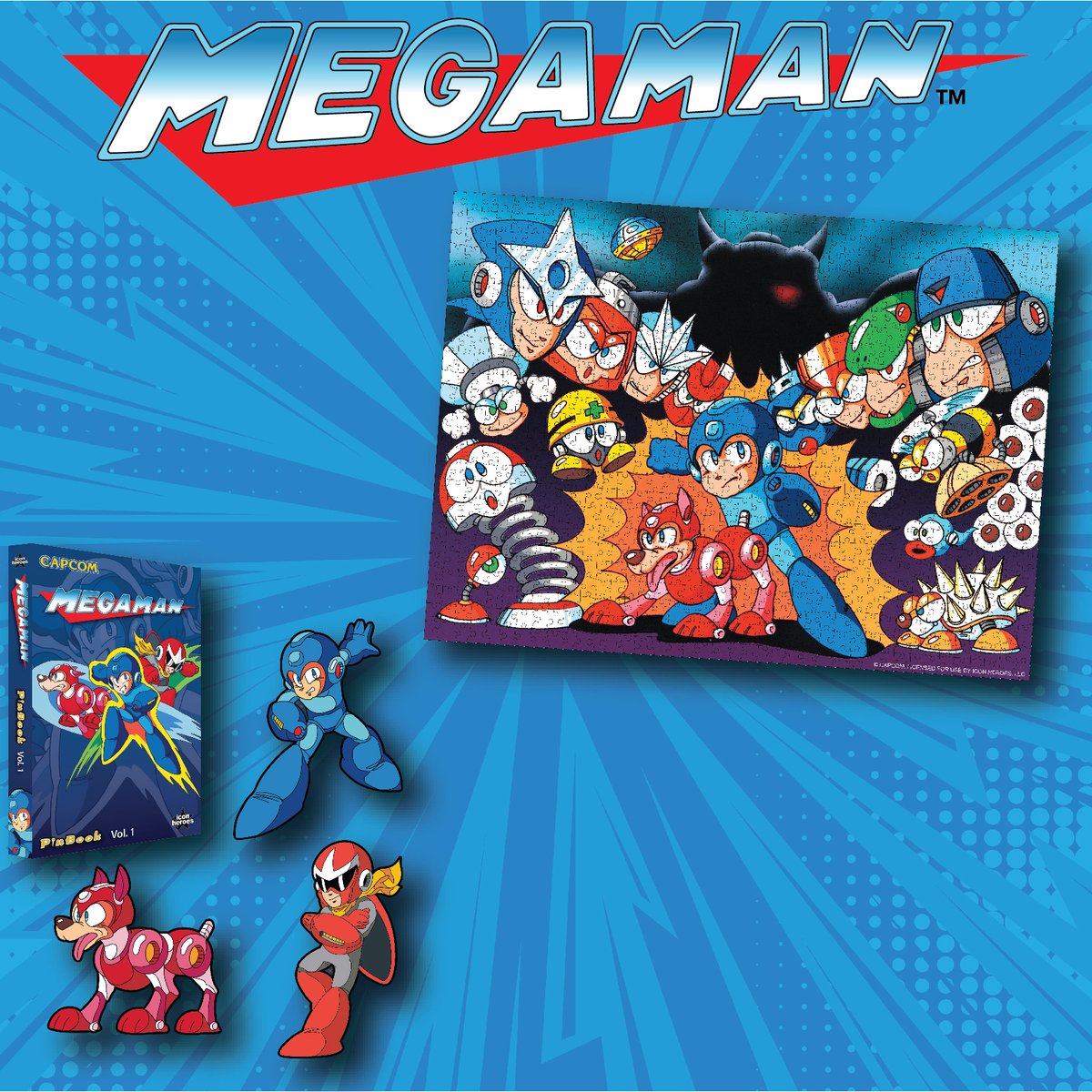 iconheroes's tweet photo. Give the gift of Mega Man this holiday season with the Mega Man classic enamel pins PinBook and 1000-piece jigsaw puzzle, both available now at https://t.co/rYmYQYIjGV! #MegaMan #CAPCOM #puzzle #puzzles #pinbook https://t.co/43PgIj9teU