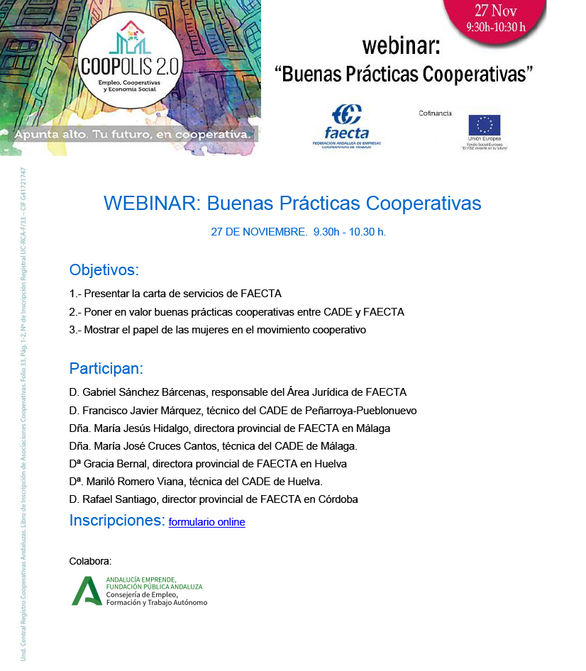 FAECTA_'s tweet photo. 📌#webinar: El día 27 hablaremos del papel de las #mujeres en el #cooperativismo y de la alianza entre #FAECTA y @aemprende para estimular el emprendimiento
Inscripciones: https://t.co/qxG0aFibM6
#emprender #EconomíaSocial
@cademalaga @cadehuelva @cadecordobaAE #Coopolis https://t.co/IWZKrLXNpE