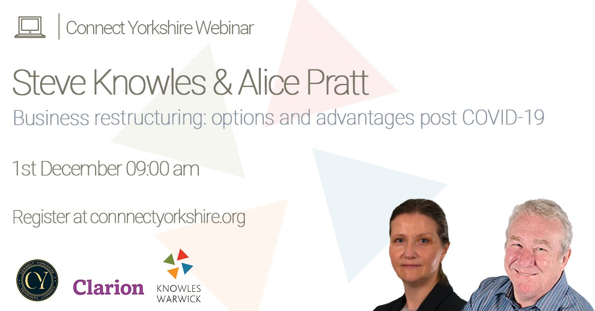 KnowlesWarwick's tweet image. THINKING ABOUT RESTRUCTURING YOUR BUSINESS? 💼
Join us at 9am on Tues 1 Dec for a discussion about business restructuring by the experts from @ClarionLaw Solicitors and Knowles Warwick Chartered Accountants.
bit.ly/3755tOu 
#businessrestructure #restructuring #sheffield