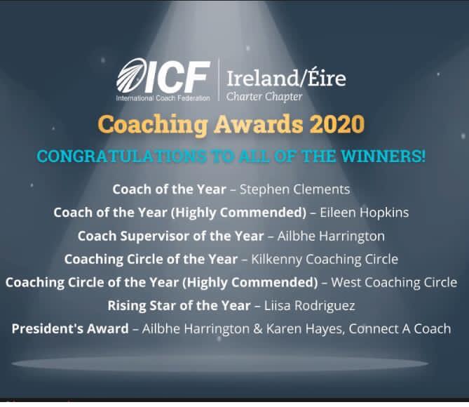 ConnectACoach1's tweet photo. An honour to receive ICF Ireland President's award. This is fundamentally for frontline staff who continued their high level of care during challenging times. Thank you - coaches, supervisors, and volunteers for their commitment. #frontlinecoaching  #teamwork #thankyou https://t.co/sLB3BOrc3w