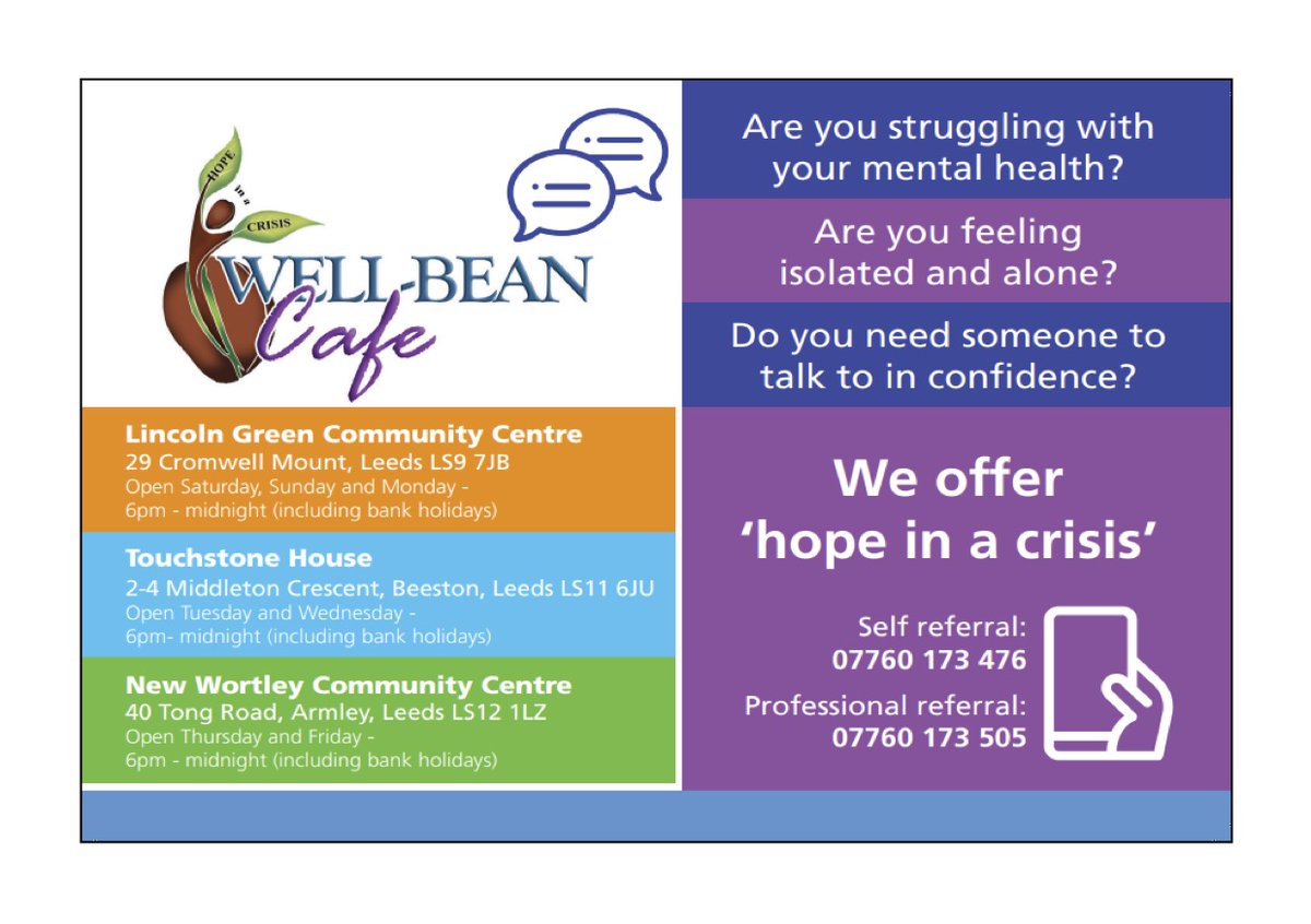 NewWortleyCC's tweet photo. The Well Bean cafe @NewWortleyCC @LincolnGreenCC @Touchstone_SC #mentalhealth #HopeInaCrisis #CombatingIsolation taking self referrals and professional referrals https://t.co/aGc1LTRpTF