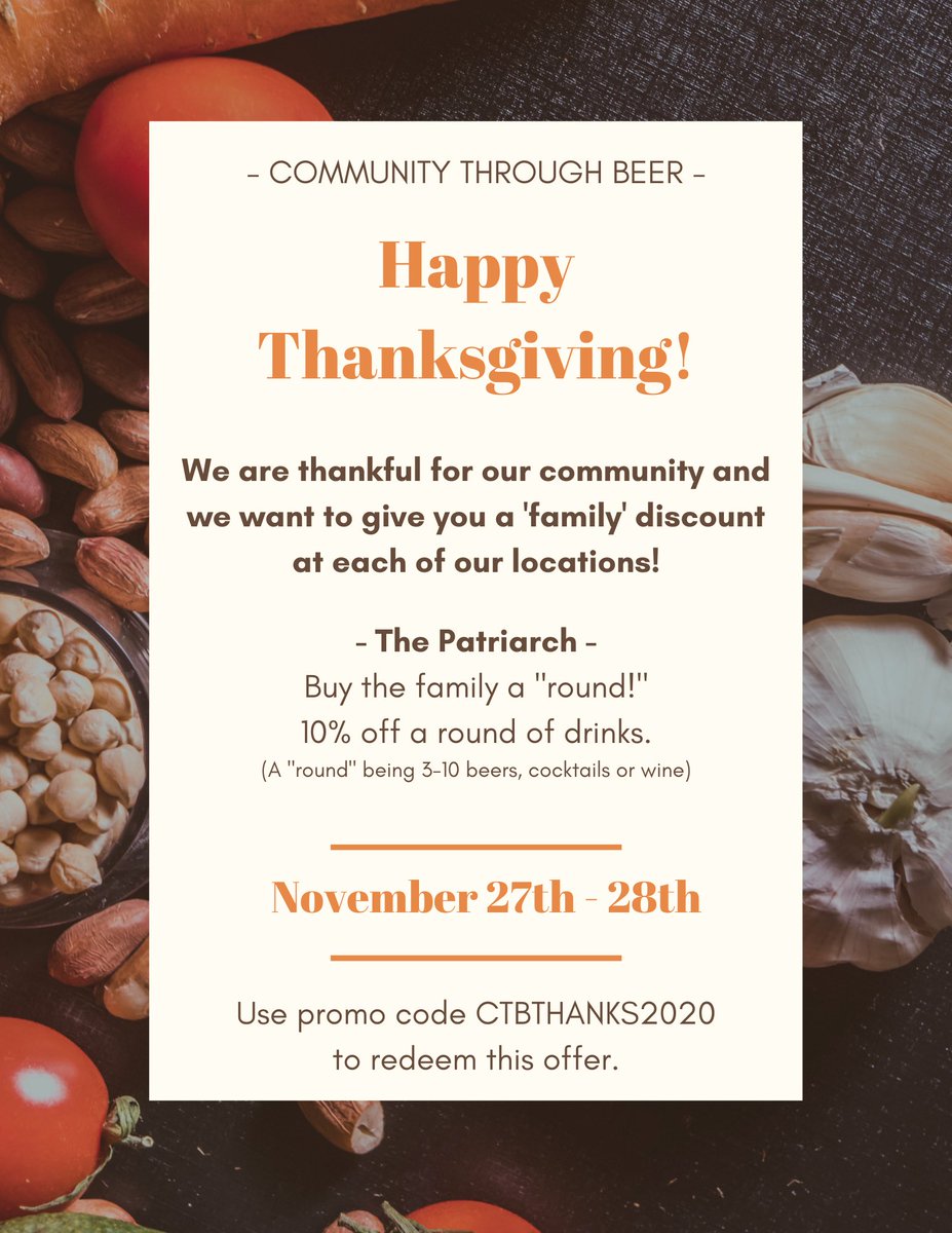Come spend some of your Thanksgiving break with us and enjoy a special discount this weekend 
🍺 🍹 🥃

#communitythroughbeer #thepatriarchedmond #visitedmond #downtowedmond #keepitlocalok