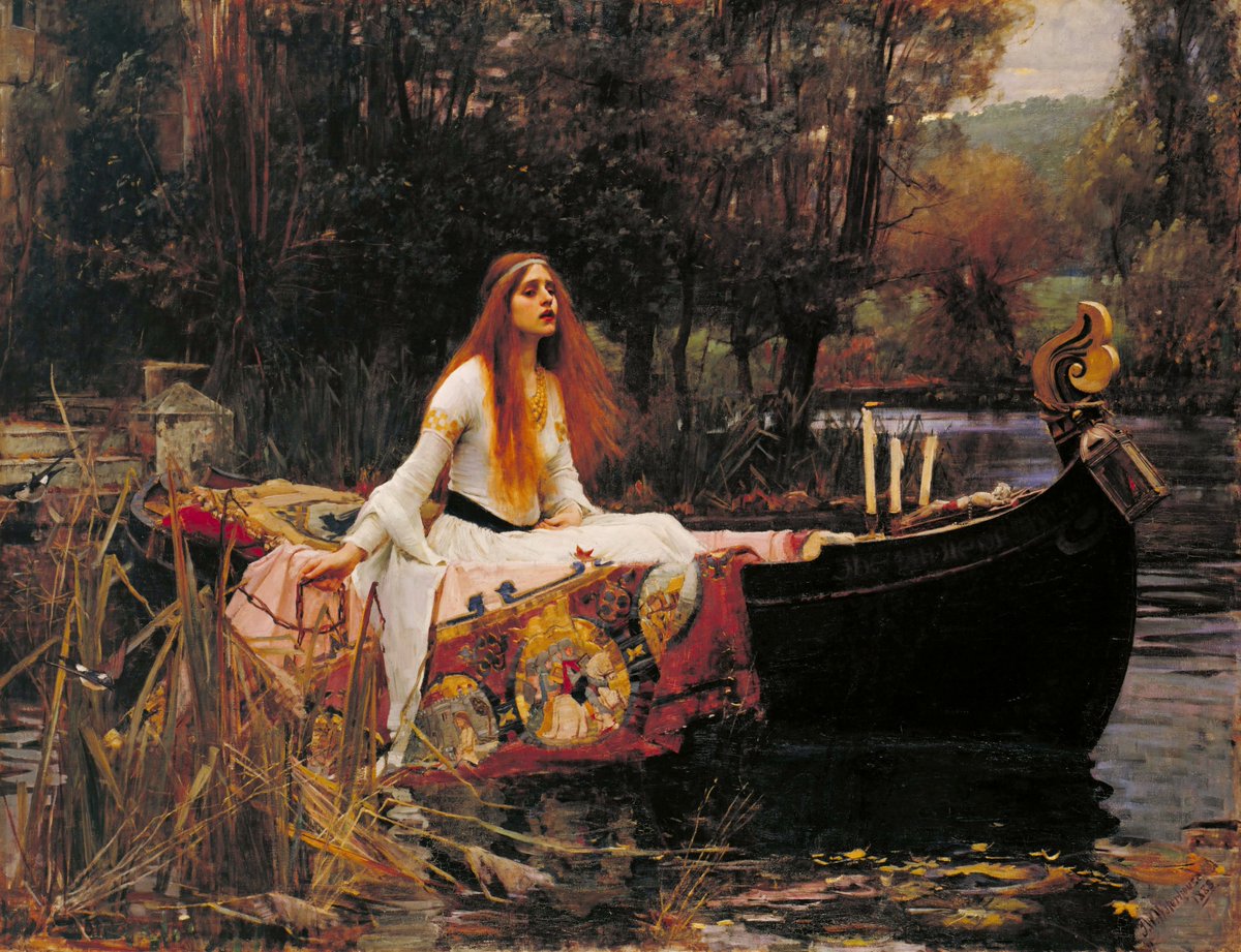 ArsThesaurus's tweet photo. The final voyage. The painting 'The Lady of Shalott' 
by John William Waterhouse portrays Elaine of Astolat in her final moments when she floats down the river in a boat. Shortly afterwards her frozen body was found near the Camelot, a castle, where King Arthur held court #tate https://t.co/mA8fs1kfNT