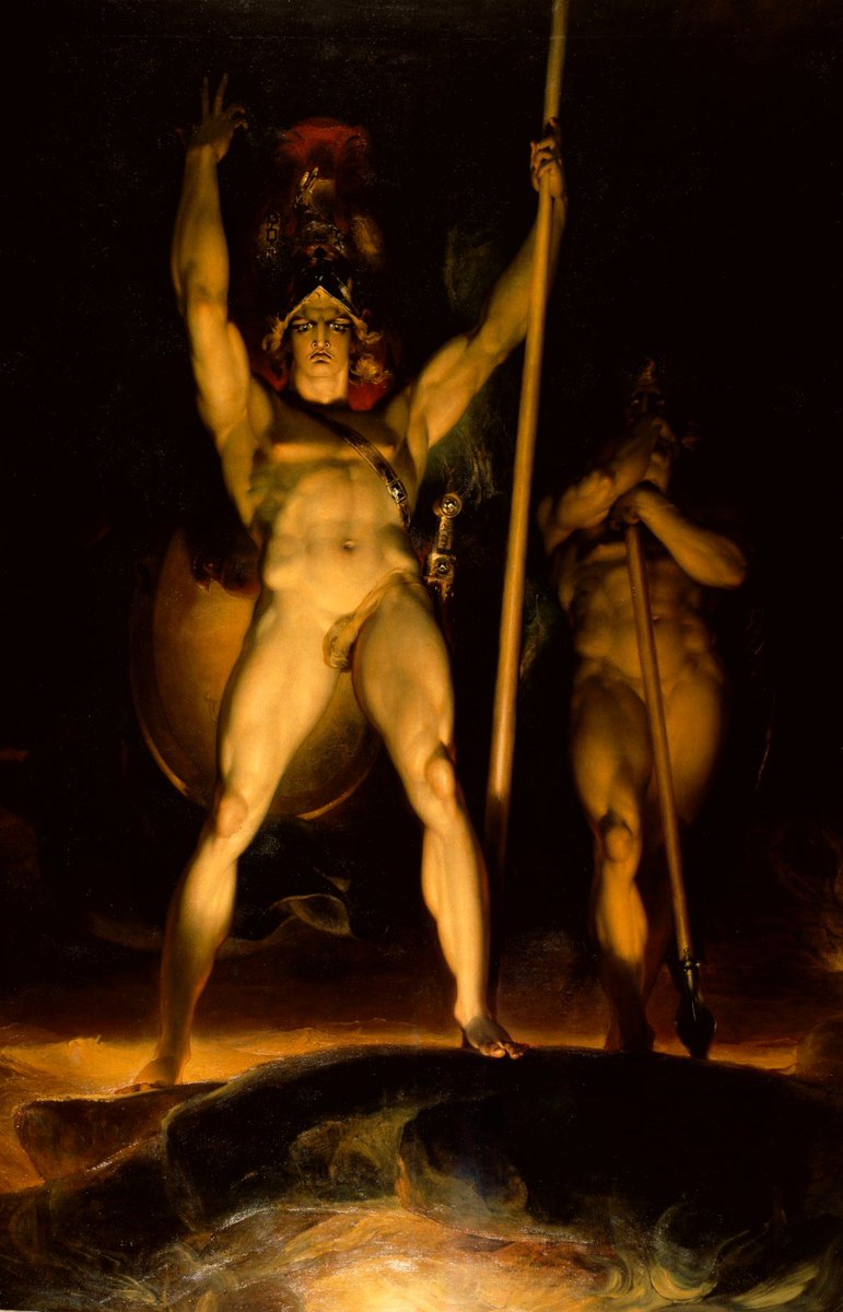 Nude but for a hat and a shadow. Meet Sir Thomas Lawrence's 'Satan Summoning His Legions'. Another one inspired my Milton whose Paradise Lost seems to have been license to create thirst pics of Satan.