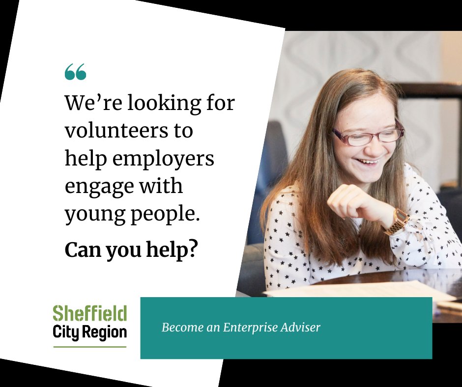 Use your skills and experience in business to create powerful, lasting connections between local businesses and schools and colleges.

Help motivate young people to make the best possible choices about their future..

sheffieldcityregion.org.uk/information-fo…
Ent_AdvisersSCR