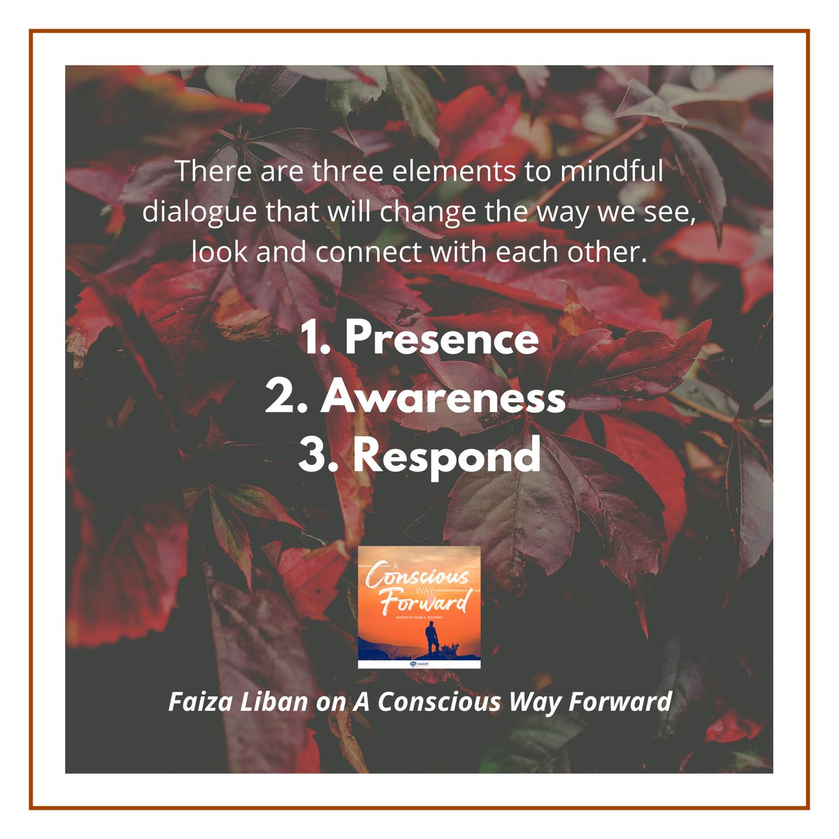 My next episode on A Conscious Way Forward is with Faiza Liban. She is a #Mindfulness Facilitator &amp; shares that will these three elements we can actively listen, hear, and respond. This episode will launch on Wednesday!🔜👂🗣