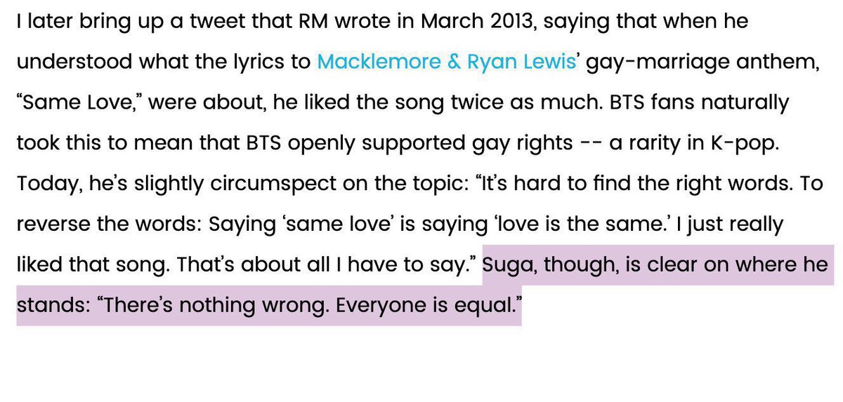 yoongi saying “fvck u” to the gender norms “There is this culture where masculinity is defined by certain emotions, characteristics. I’m not fond of these expressions. What does being masculine mean? [...] Society should be more understanding.” — Min Yoongi (2020) for Esquire