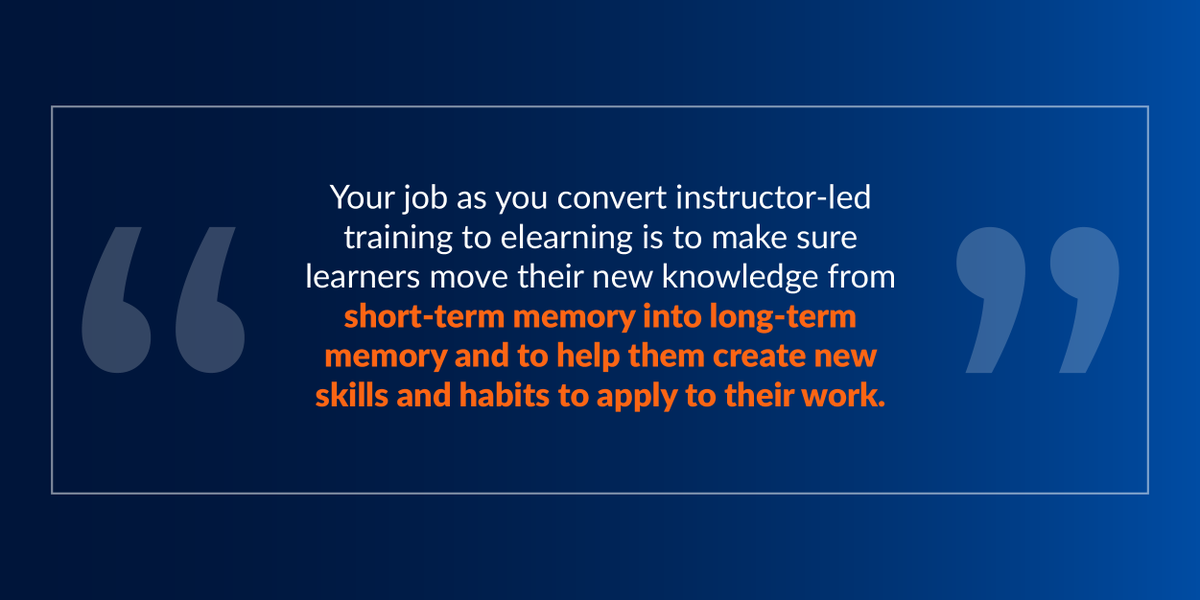 dominKnow's tweet photo. There are a lot of technology options available for converting ILT into eLearning, from authoring tools to Learning Management Systems (LMS) to online-meeting services and more.
What we’ve heard, though, is that the biggest challenge isn’t picking tools.

https://t.co/coPuvwSwOB https://t.co/0sAeqjBMLF