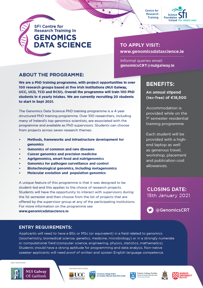 We're OPEN for recruitment!! TWENTY @scienceirel 
PhD positions available - fantastic opportunity to do your PhD as part of a supportive student cohort with advanced training and an exciting student led choice of research projects - for info/to apply see genomicsdatascience.ie