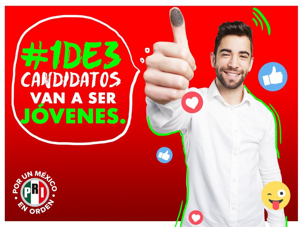 En el PRI ya es una realidad que #1de3Candidatos sean jóvenes. ¡Ahora lo haremos en todo México!
<a href="/alitomorenoc/">Alejandro Moreno</a> <a href="/caroviggiano/">Carolina Viggiano</a> <a href="/PRI_Nacional/">PRI</a> <a href="/Lara_Sedas/">Dagoberto Lara Sedas</a> <a href="/katia_ornelas/">Katia Ornelas</a> <a href="/MvzAbreu/">Genaro Abreu Barroso</a> <a href="/PerezSoraya/">Soraya Pérez Munguía</a>