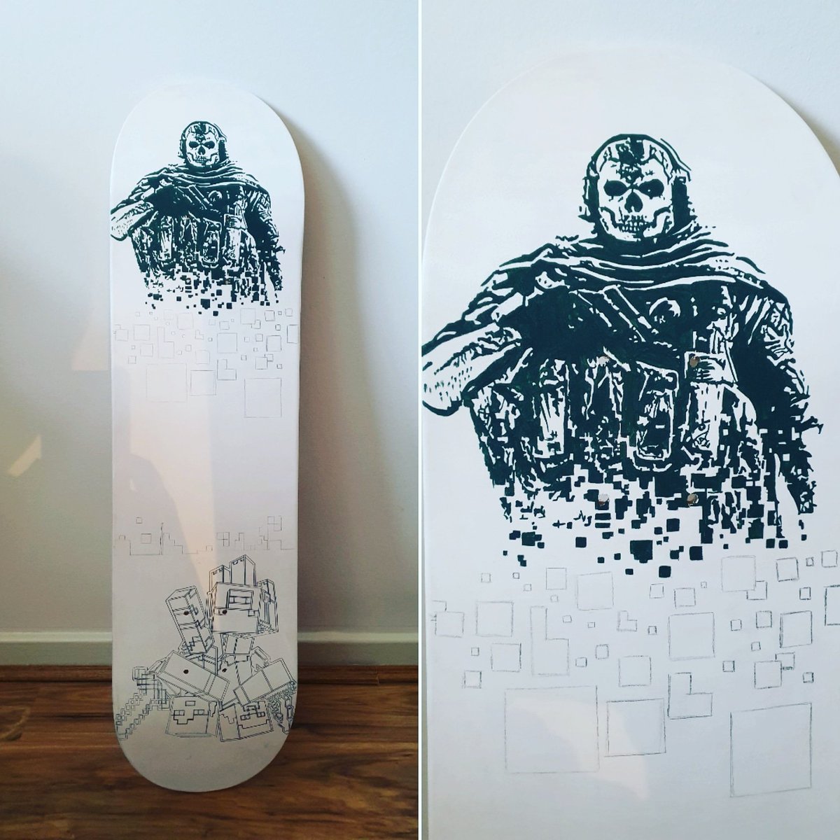 SkateboardPink's tweet photo. A new deck I'm working on ~ this is for my nephew who loves call of duty and minecraft. Base coat done on ghost ๐๐ #skateboardart #artist #callofduty #Minecraft #callofdutyghost #skateboard #skateboarddeck #handpaintedskateboard #gamingthemed #skater #customiseddeck https://t.co/IkD7yDMHDW