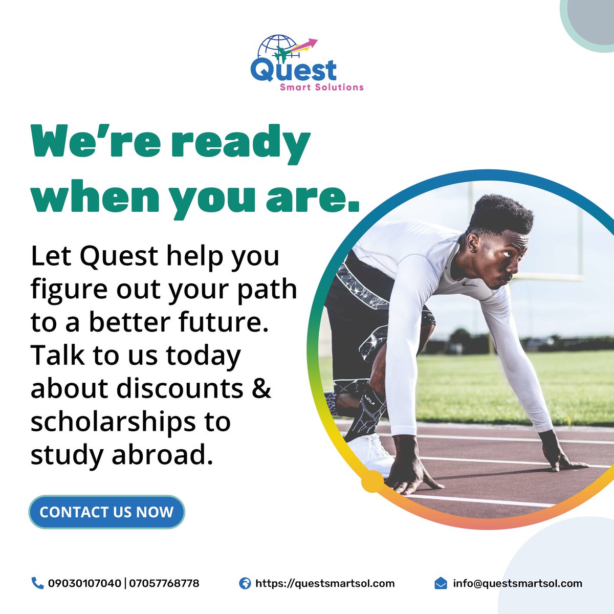 questsmartsol's tweet photo. Let Quest help you figure out your path to a better future.
Talk to us today about discounts and scholarships to study abroad, we are ready when you are. https://t.co/lTYo4a37ZF