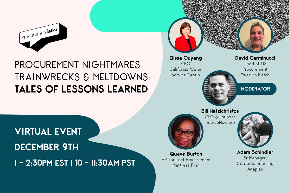 sscudder's tweet photo. Join our #ptalk next month to hear our panelists share the juicy details of their biggest #sourcing trainwrecks. Learn about their #procurement nightmares as moderator Bill helps us gleen wisdom from their mistakes and experiences. 

Register --> https://t.co/aCz7lKlFsF https://t.co/Y4Tx4SOn95