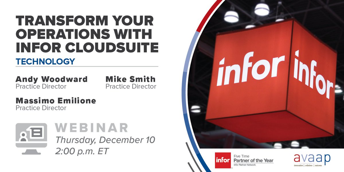 avaap_usa's tweet photo. INFOR V10 USERS: Join us December 10 for a look at the various technologies available in #InforCloudSuite to help improve operations and productivity, including Configuration Console, Infor Process Automation (IPA), ION, Birst, and more. Register today: https://t.co/puRPsJXVIe https://t.co/tVASXZ2FPC