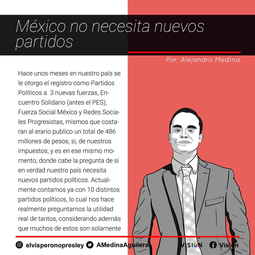 VisionJoven4's tweet photo. "México, como lo dice el titulo de esta columna , no necesita mas partidos políticos, lo que el país, en todo caso necesita, son nuevos políticos..."
Iniciamos la semana con la columna de nuestro amigo @AMedinaAguilera: "Mexico No Necesita Nuevos Partidos" 👁 
#VisiónJoven https://t.co/eVcnowM9gi