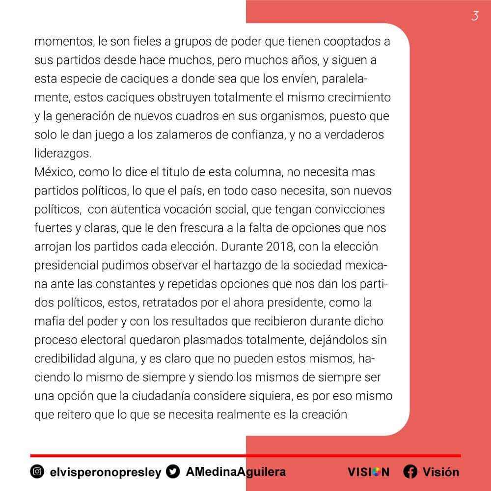 VisionJoven4's tweet photo. "México, como lo dice el titulo de esta columna , no necesita mas partidos políticos, lo que el país, en todo caso necesita, son nuevos políticos..."
Iniciamos la semana con la columna de nuestro amigo @AMedinaAguilera: "Mexico No Necesita Nuevos Partidos" 👁 
#VisiónJoven https://t.co/eVcnowM9gi