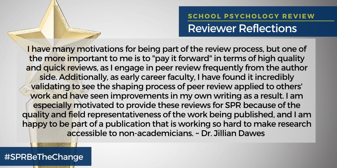 SchoolPsycRev's tweet photo. #PayItForward #HelpingOthers #BeBetter #Science2Practice are what motivates @SchoolPsycRev Outstanding Reviewer Dr. Jillian Dawes @anotherjillian ⤵️

What motivates you to review?! Reply &amp; Retweet to share!

@NASPonline @educationarena @drkellyallen @Shawpsych #SPRBeTheChange https://t.co/DldTaIplXD